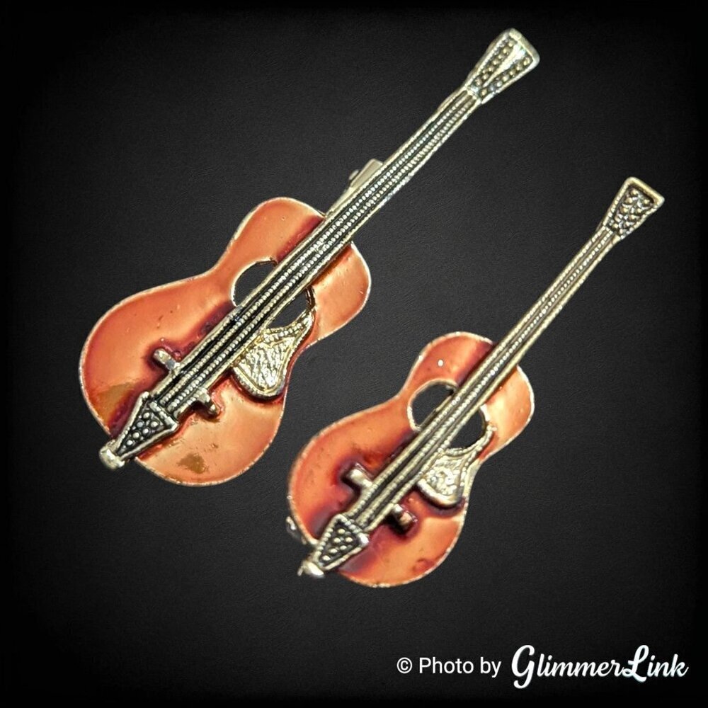 Vintage Guitar Copper Enamel Gold Tone Brooches Set of 2 – Musician Gift